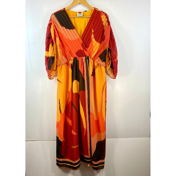 Farm Rio Short Sleeve Wrap Front Maxi Dress Orange Brown Womens Large Petite - Picture 5 of 16